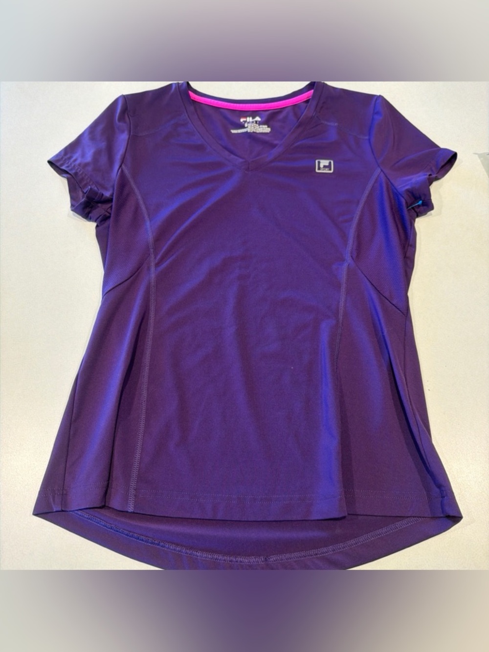 Fila Women's Purple Short Sleeve V-Neck Athletic Tee with Pink Trim